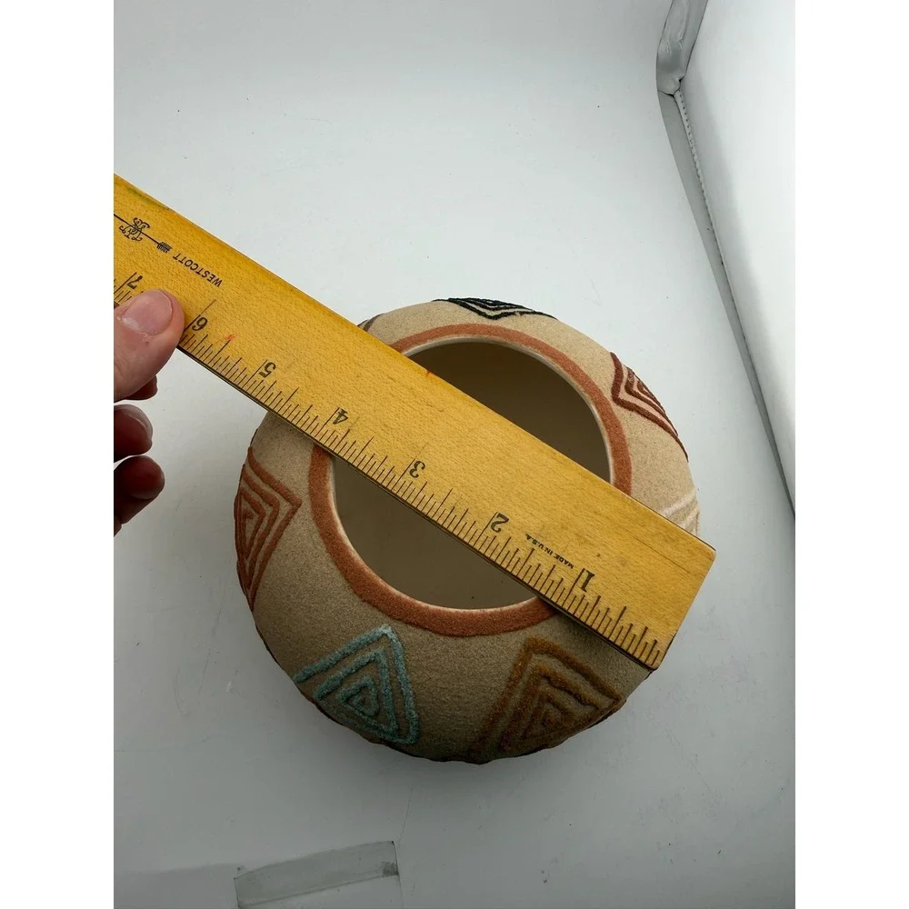 Round Ceramic Pot Decorative Bowl‎ Southwestern Tribal Geometric Design Tan